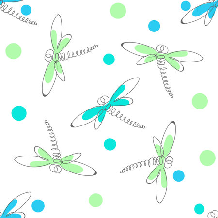 Hand drawn colorful dragonflies. Summer meadow collection. Beautiful design for your textile, paper, cards, web page background. Vector seamless pattern.のイラスト素材