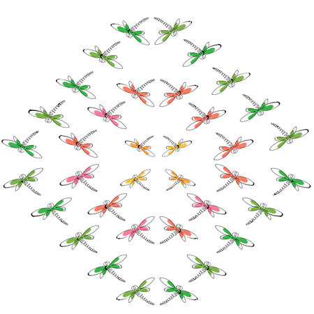 Hand drawn colorful dragonflies. Summer meadow collection. Vector seamless pattern.のイラスト素材