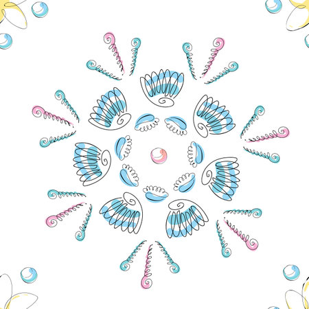 Hand drawn colorful sea shells. Summer sea shells doodles collection.  Vector seamless pattern.のイラスト素材