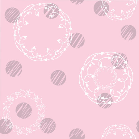 Romantic vector seamless pattern. White lace frame and gray polka dots. Isolated on pink background.のイラスト素材