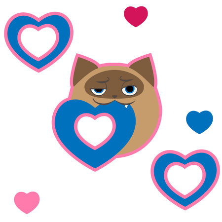 Romantic seamless pattern with cute siamese cat and hearts. Isolated on white background.のイラスト素材