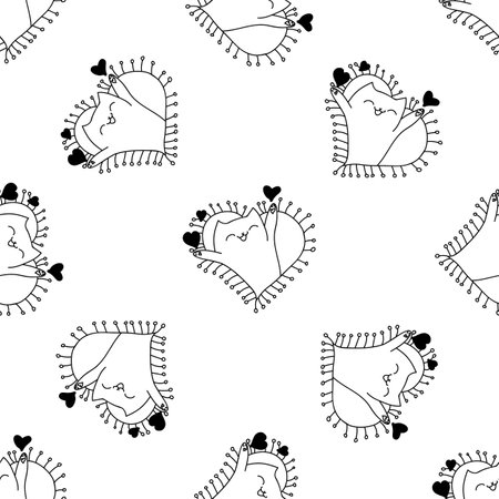 Doodles cute seamless pattern. Illustration with hearts and cats. Design for t-shirt, textile and prints. Romantic theme.のイラスト素材