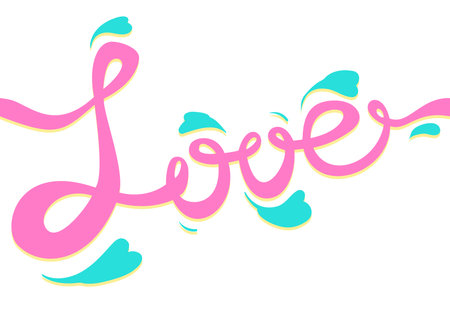 Romantic vector seamless pattern. The word LOVE and the flying mint green petals. Isolated on white background.のイラスト素材