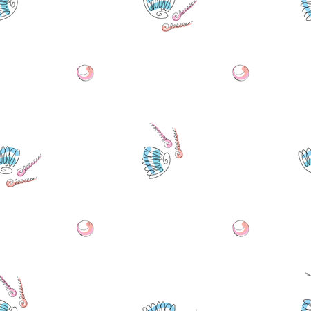 Hand drawn colorful sea shells. Summer sea shells doodles collection. Beautiful design for your textile, paper, cards, web page background. Vector seamless pattern.のイラスト素材