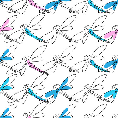 Hand drawn colorful dragonflies. Summer meadow collection. Vector seamless pattern.のイラスト素材