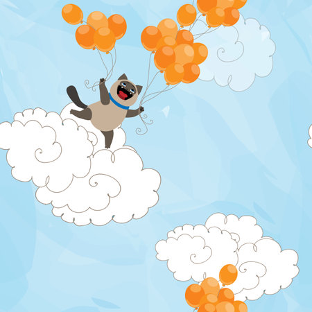Funny Siamese cat holding orange balloons and flying through the sky. Vector seamless pattern.のイラスト素材