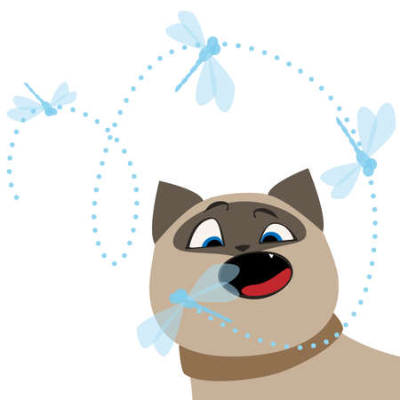 Funny Siamese cat is trying to eat the blue dragonfly. Cute cartoon character. Vector illustration isolated on white background.のイラスト素材
