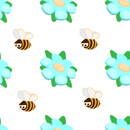 Funny vector seamless pattern with bees and blue flowers. Use it as pattern fills, web page background, fabric or paper, backdrop design. Spring and summer template.のイラスト素材
