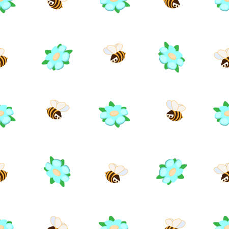 Funny vector seamless pattern with bees and blue flowers. Use it as pattern fills, web page background, fabric or paper, backdrop design. Spring and summer template.のイラスト素材