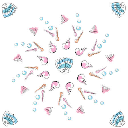 Hand drawn colorful sea shells. Summer sea shells doodles collection. Beautiful design for your textile, paper, cards, web page background. Vector seamless pattern.のイラスト素材