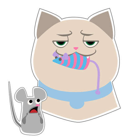 Funny cat with a striped toy mouse in his mouth and surprised gray mouse. Cute cartoon character. Vector illustration Isolated on white background.のイラスト素材