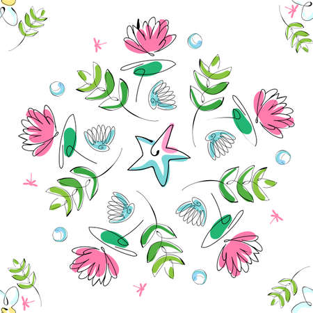 Hand drawn colorful flowers and sea shells. Summer sea shells doodles collection. Beautiful design for your textile, paper, cards, web page background. Vector seamless pattern.のイラスト素材