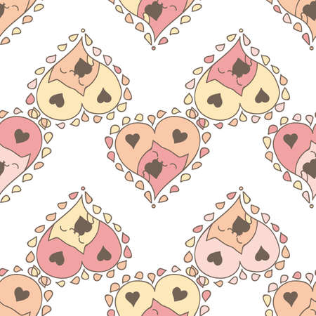 Doodles cute seamless pattern. Elegant vector background. Illustration with hearts and cats. Design for t-shirt, textile and prints. Romantic theme.のイラスト素材