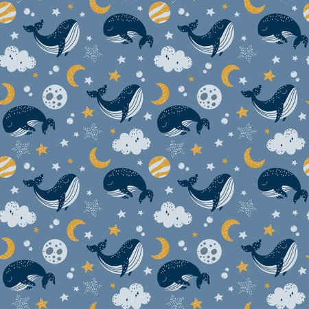 Seamless pattern with cute whales and moon.の写真素材