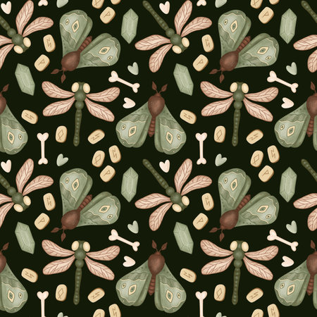 Dark seamless pattern with green moths on black background. Perfect for textile, wallpaper or print design.の写真素材
