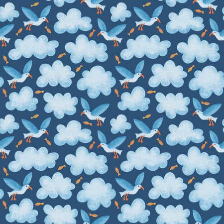 Cute seagulls and cloud. Seamless pattern Cartoon weather character. Hand drawn styleの写真素材