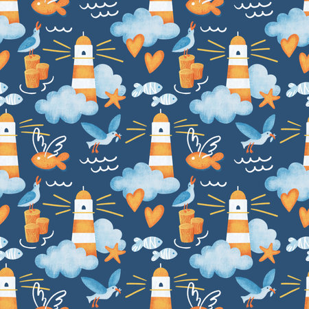 Seamless pattern with lighthouses, cute cartoon seagulls and clouds on the blue backgroundの写真素材