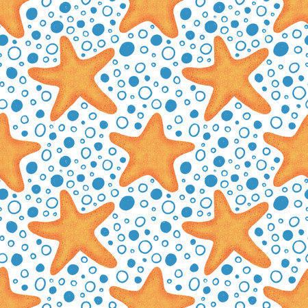 Orange Star fish seamless pattern on white background with dots. Cartoon illustrationの写真素材