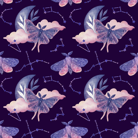 Cosmic purple seamless pattern with butterflies, moon, clouds, stars on dark backgroundの写真素材