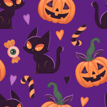 Halloween pumpkins and black cats seamless pattern on purple. Funny orange pumpkins. Candyの写真素材