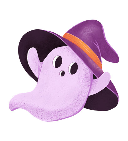 Cute ghost wearing witch hat cartoon illustration. Halloweenの写真素材