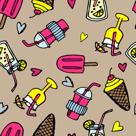 Cartoon desserts, delicious sweets and drinks seamless doodle-style pattern. Bright colors.