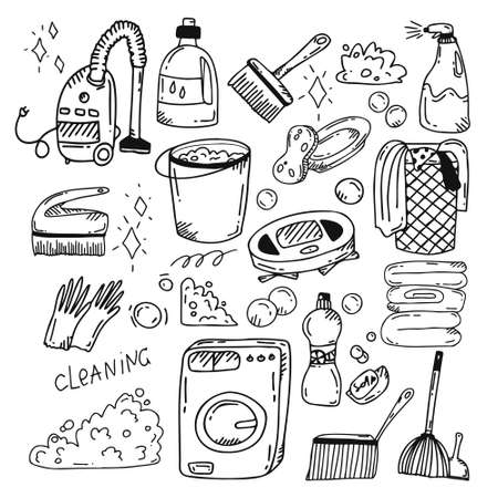 Set of vector elements with items for cleaning. Washing machine, powder, vacuum cleaner and more in the style of doodle.のイラスト素材