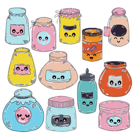 Set of vector jars with eyes for jam from pink and blue flowers in doodle style. Jars of different types with lids and papers instead of lids.のイラスト素材