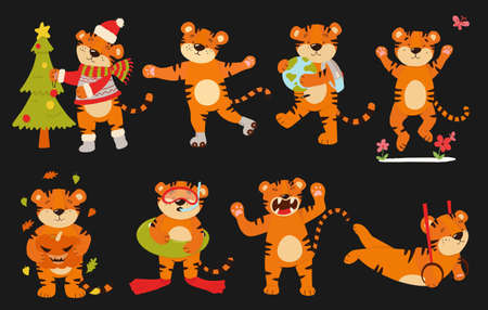 Vector set of tiger cubs in different poses. Tigers with a globe, pumpkin, on rollers, with a Christmas tree.のイラスト素材