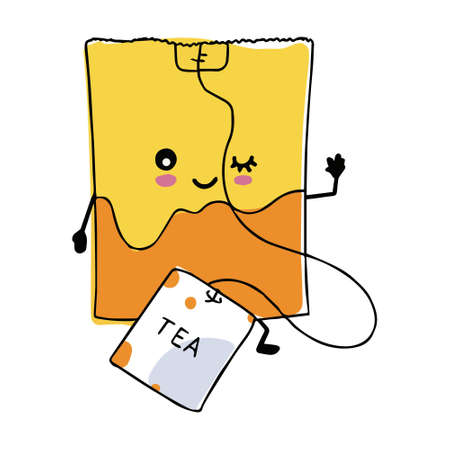 Doodle style tea bag with cute face. Brew bag with tag in orange vector format.のイラスト素材