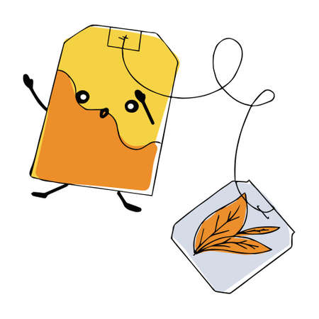 Doodle style tea bag with cute face. Brew bag with tag in orange vector format.のイラスト素材