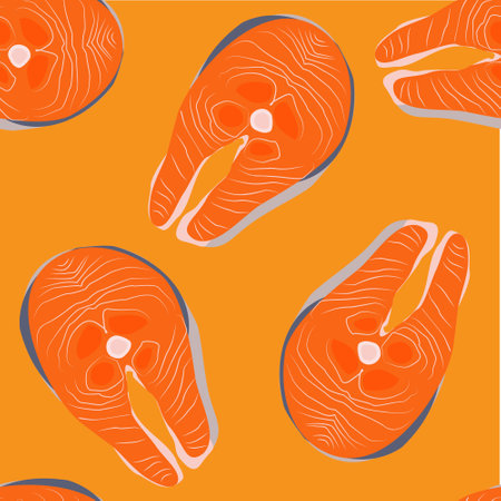 Vector pattern with pieces of fish on an orange background. Seamless pattern with trout.のイラスト素材