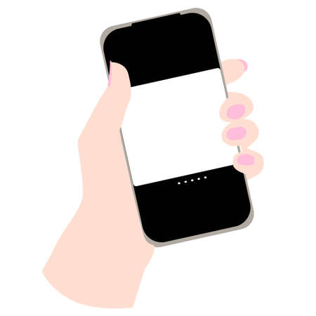 Smartphone in hand. Mobile phone, holds in his hands. Mobile phone, digital, device, template for a real application. Flat style, vector illustration. Isolated on a white background.のイラスト素材