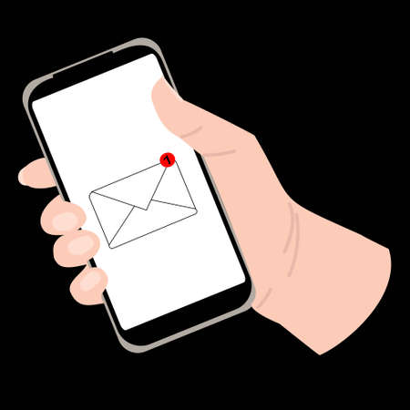 Vector illustration with a phone with an incoming SMS in a hand with light skin.