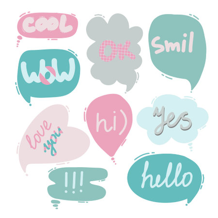 Vector clouds and hearts with inscriptions. Colorful fashion letters in various shapes. Creative freehand drawing kit. All elements are isolatedのイラスト素材
