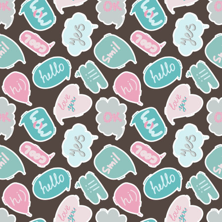 Vector Q pattern with clouds and hearts with inscriptions. Colorful fashion letters of different shapes. Seamless pattern for printing on fabric.のイラスト素材