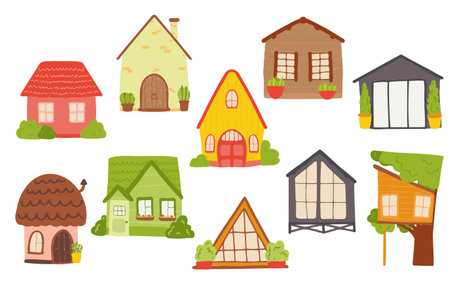 Cartoon children's homes in bright colors. Vector set of houses in pink, green, gray for childrens banners, cards, labels.のイラスト素材