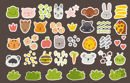 Set of vector faces of animals and decorative elements, hearts, stars. strokes in bright colors for decorating children's rooms, patterns, postcards.のイラスト素材