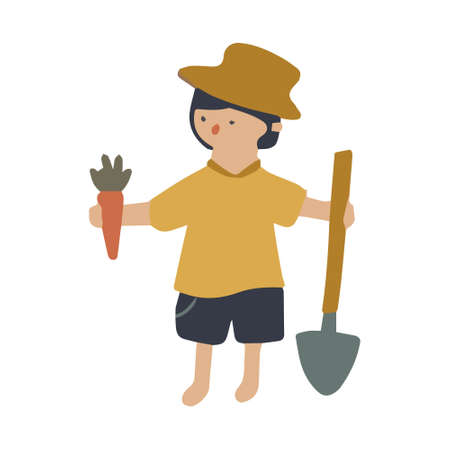 A farmer in a straw hat with a carrot in his hands and a shovel.のイラスト素材