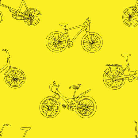 Vector pattern with a bicycle in the style of doodle on a yellow background. Print for printing on children's textiles.のイラスト素材