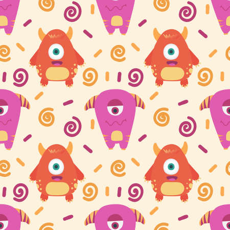 Colorful, bright vector seamless pattern with funny monsters, freaks on a white background.のイラスト素材