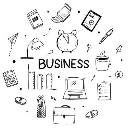 Business doodle sketch of marketing leads. Elements of business icons.のイラスト素材