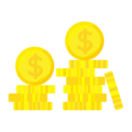 Gold coins cash in stacks isolated on white transparent background. Stacks of gold coins.のイラスト素材