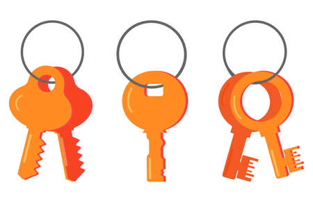 A set of vector keys, a flat icon in cartoon style, a modern and classic bunch of retro-style door keys hanging on a ring.のイラスト素材