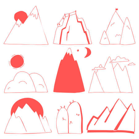 Natural highlands landscape set. Mountains in the doodle style.のイラスト素材
