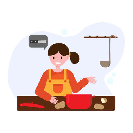 The girl cooks, cuts potatoes. The woman lost the knife.のイラスト素材