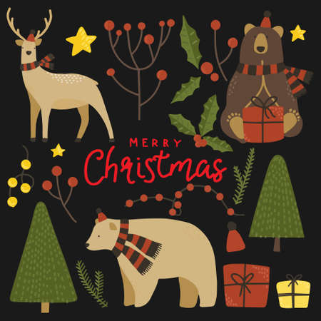 Vector set of Christmas elements. Bears, deer, branches, gifts.のイラスト素材