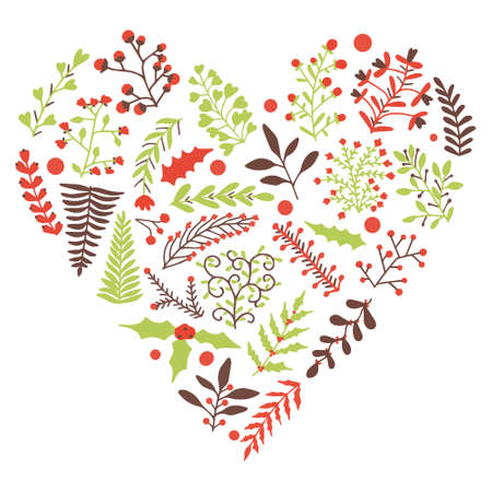 Winter christmas foliage twigs branches red berries set.のイラスト素材