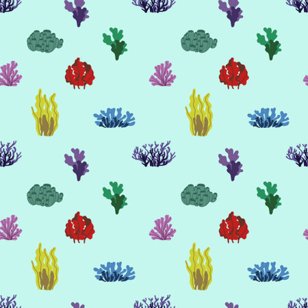 Vector seamless pattern on underwater theme on dark blue background. Underwater animals and plants.のイラスト素材
