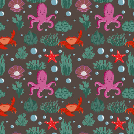 Vector seamless pattern on underwater theme on dark blue background. Underwater animals and plants.のイラスト素材